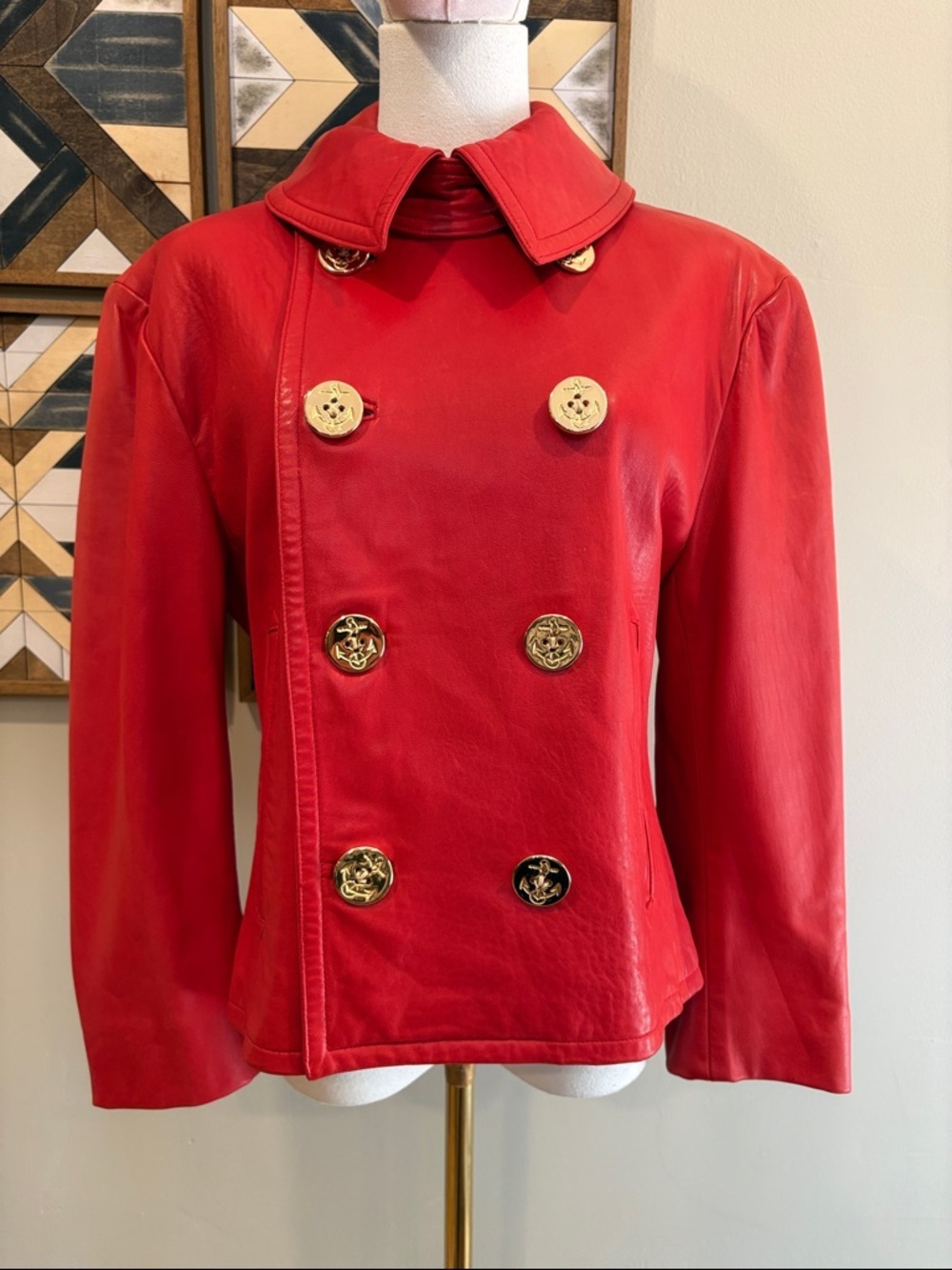 Vintage Ralph Lauren Collection 90s Red Leather Jacket with Gold Anchor Buttons